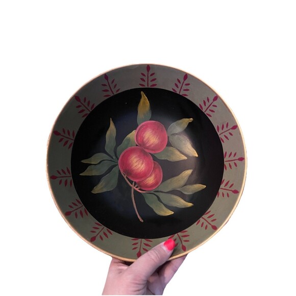 Hand-painted Black Apple Motif Bowl Heavyweight Large Gold Rim Ceramic Fruit - Picture 1 of 7